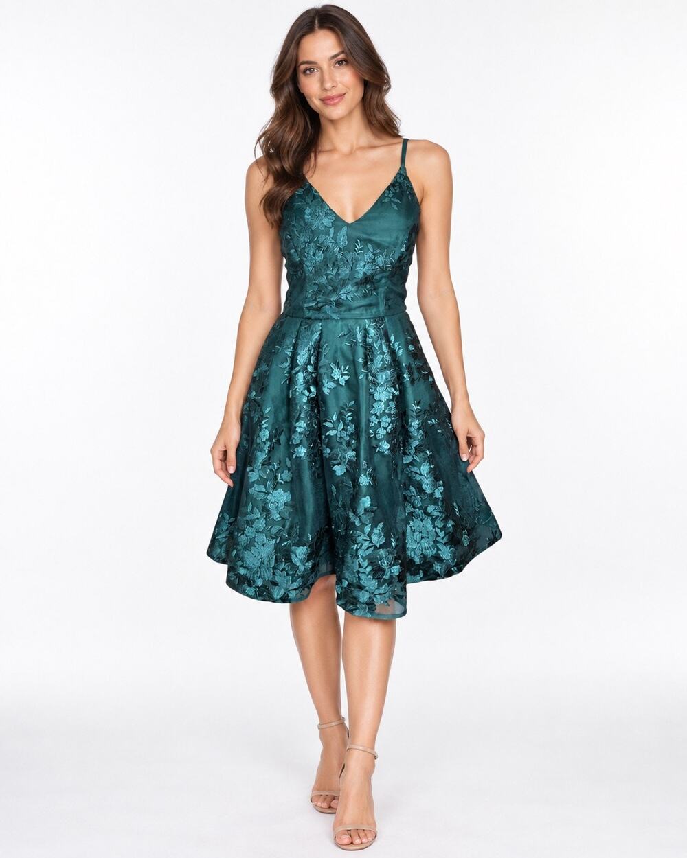 BCX Dress Size 5 Emerald Green Floral Embroidered Fit & Flare Party Dress